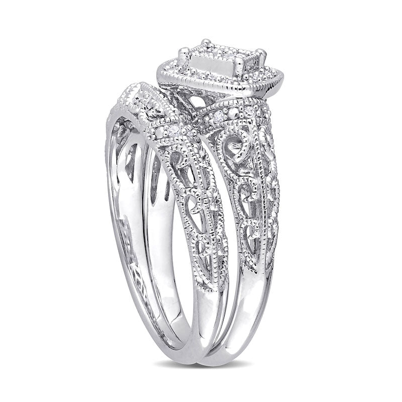 0.20 CT. T.W. Natural Diamond Tilted Cushion Frame Antique Vintage-Style Bridal Engagement Ring Set in Sterling Silver