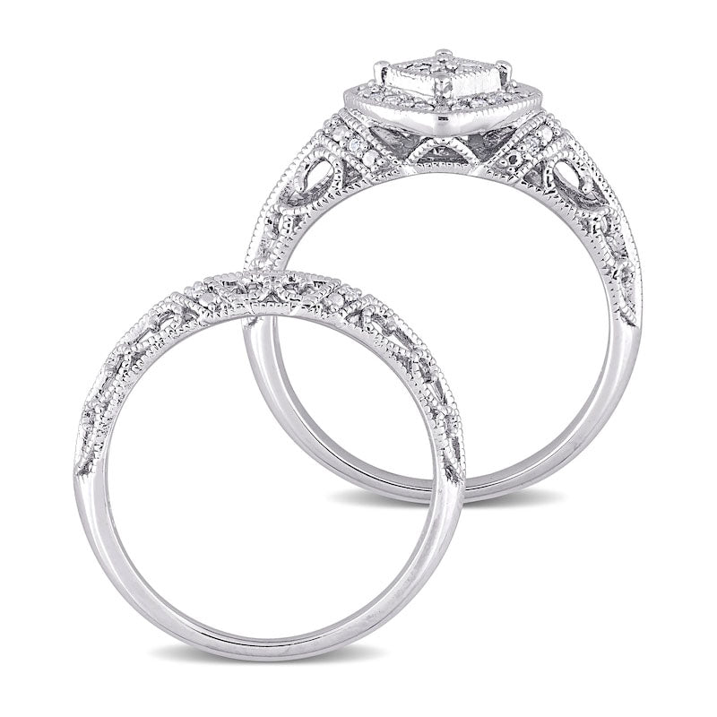 0.20 CT. T.W. Natural Diamond Tilted Cushion Frame Antique Vintage-Style Bridal Engagement Ring Set in Sterling Silver