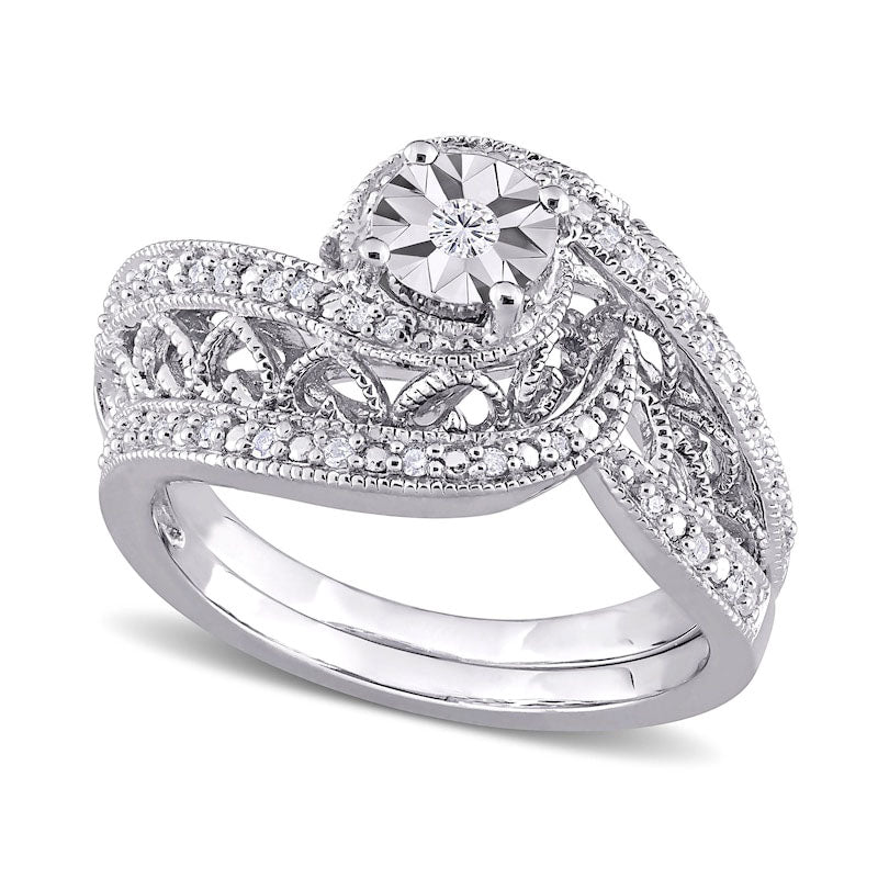 0.20 CT. T.W. Natural Diamond Bypass Frame Antique Vintage-Style Bridal Engagement Ring Set in Sterling Silver