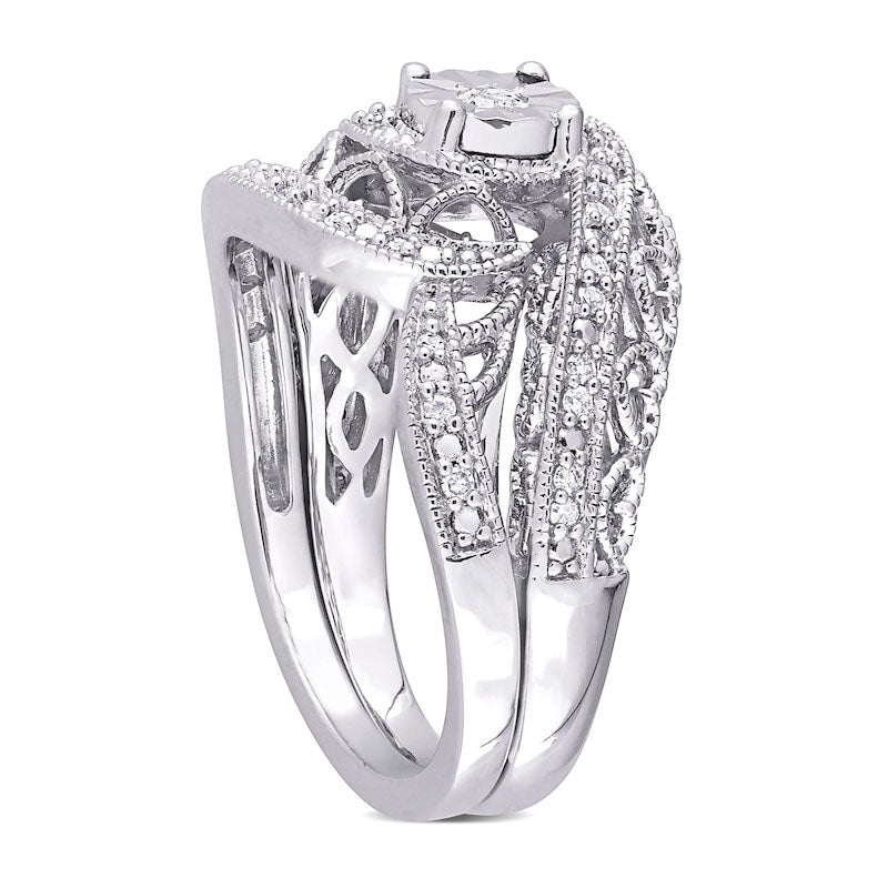 0.20 CT. T.W. Natural Diamond Bypass Frame Antique Vintage-Style Bridal Engagement Ring Set in Sterling Silver