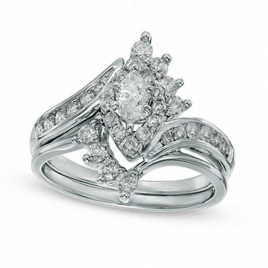 1.0 CT. T.W. Marquise Natural Diamond Frame Bridal Engagement Ring Set in Solid 14K White Gold