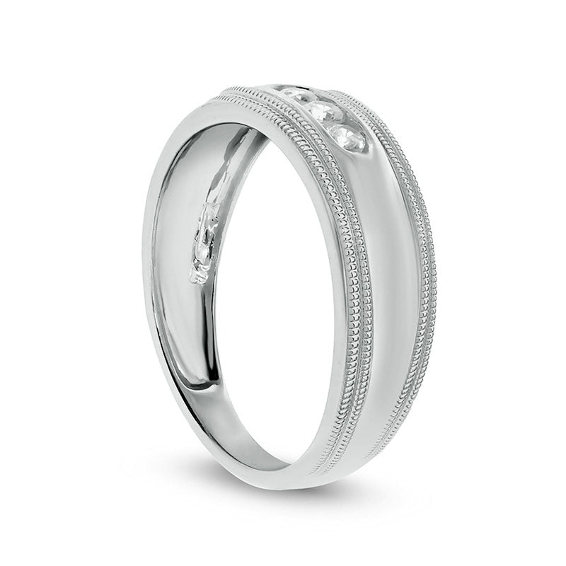 Men's 0.20 CT. T.W. Natural Diamond Three Stone Milgrain Wedding Band in Solid 14K White Gold