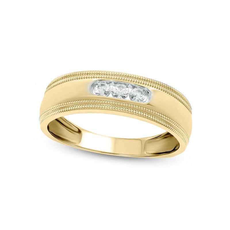 Men's 0.20 CT. T.W. Natural Diamond Three Stone Milgrain Wedding Band in Solid 14K Gold