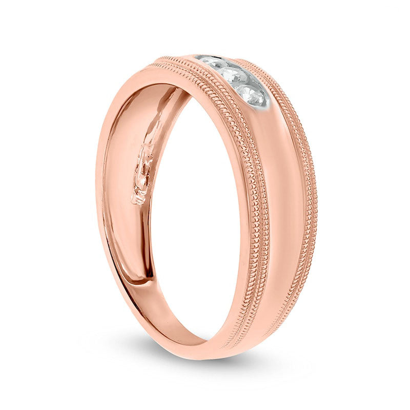 Men's 0.20 CT. T.W. Natural Diamond Three Stone Milgrain Wedding Band in Solid 14K Rose Gold