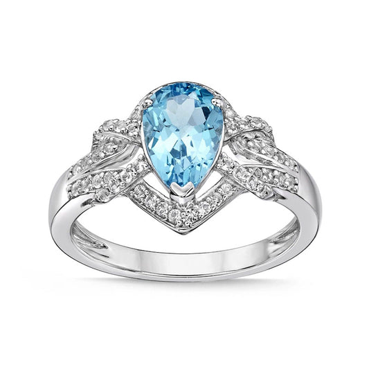 Pear-Shaped Blue and White Topaz Frame Buckle Split Shank Ring in Sterling Silver