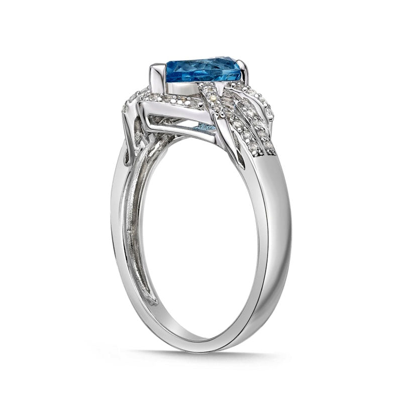 Pear-Shaped Blue and White Topaz Frame Buckle Split Shank Ring in Sterling Silver