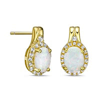 Oval Lab-Created Opal and White Sapphire Frame Drop Earrings in Sterling Silver with 18K Gold Plate