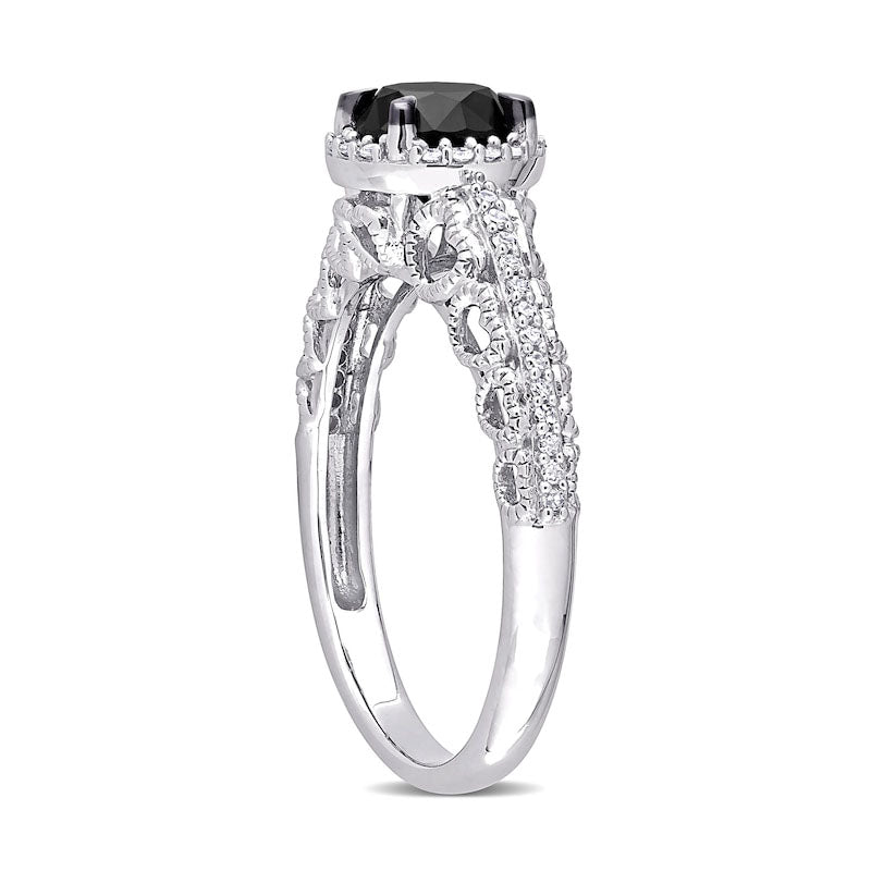 1.13 CT. T.W. Enhanced Black and White Natural Diamond Frame Antique Vintage-Style Engagement Ring in Solid 10K White Gold