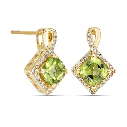 5.0mm Cushion-Cut Peridot and 0.17 CT. T.W. Diamond Frame Tilted Twist Drop Earrings in 10K Gold