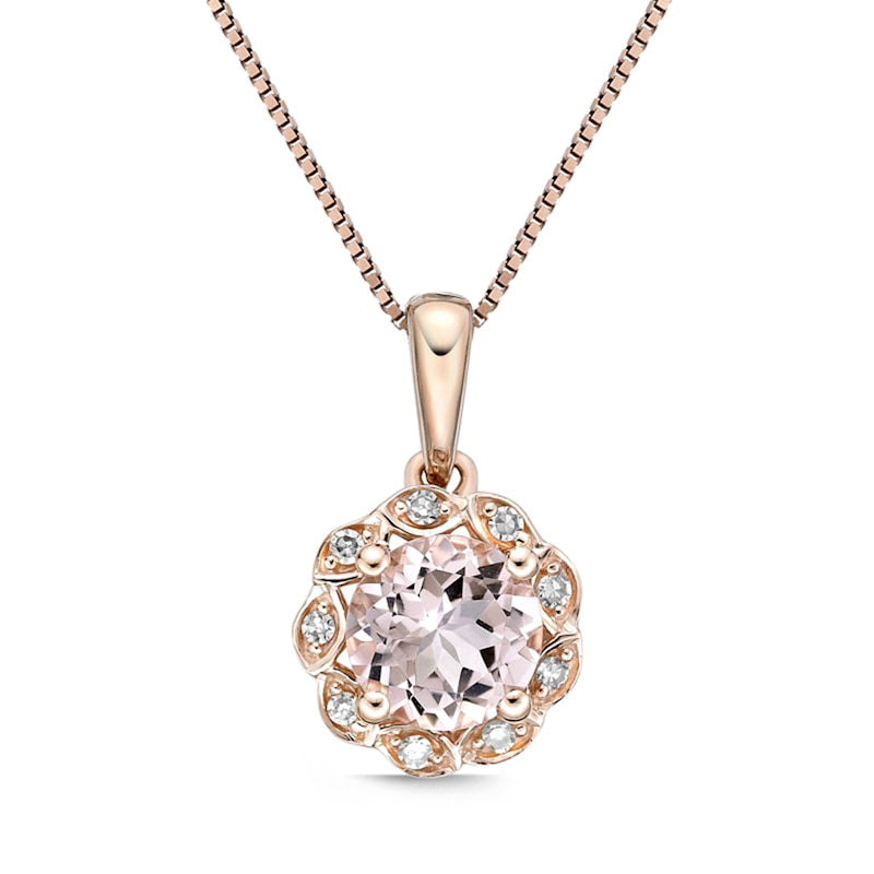 6.0mm Morganite and 0.05 CT. T.W. Natural Diamond Frame Flower Drop Pendant in 10K Rose Gold