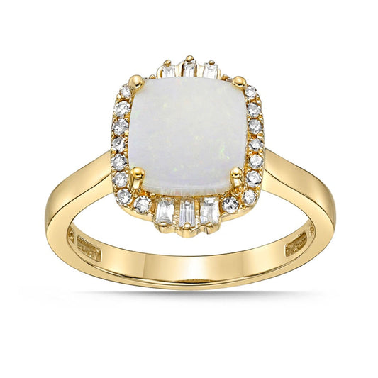 8.0mm Cushion-Cut Opal and 0.20 CT. T.W. Natural Diamond Ornate Frame Ring in Solid 10K Yellow Gold