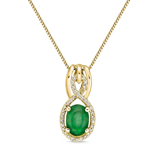 Oval Emerald and 0.1 CT. T.W. Natural Diamond Infinity Drop Pendant in 10K Yellow Gold