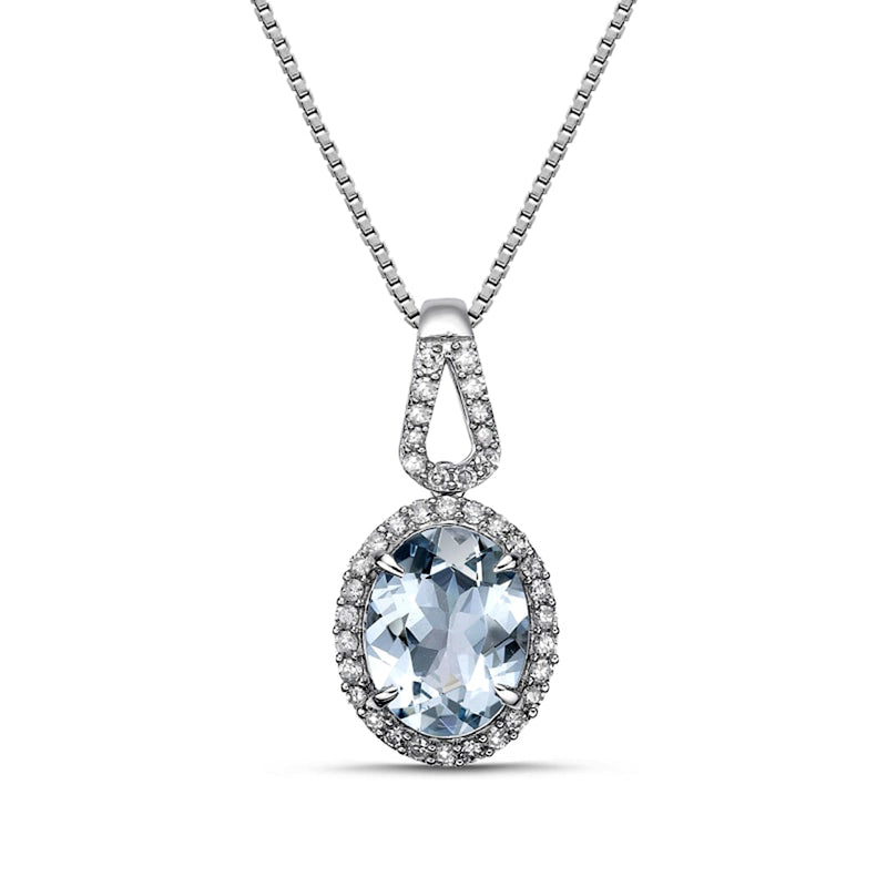 Oval Aquamarine and 0.2 CT. T.W. Natural Diamond Frame Art Deco Drop Pendant in 10K White Gold