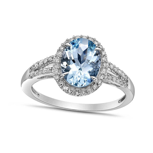 Oval Aquamarine and 0.25 CT. T.W. Natural Diamond Frame Split Shank Ring in Solid 10K White Gold