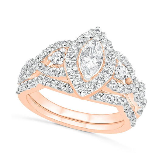 1.5 CT. T.W. Marquise Natural Diamond Frame Antique Vintage-Style Bridal Engagement Ring Set in Solid 10K Rose Gold