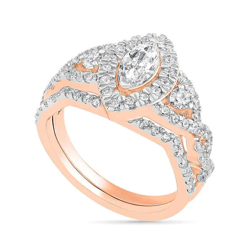 1.5 CT. T.W. Marquise Natural Diamond Frame Antique Vintage-Style Bridal Engagement Ring Set in Solid 10K Rose Gold