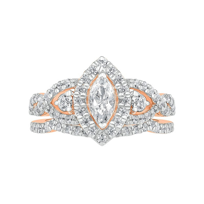 1.5 CT. T.W. Marquise Natural Diamond Frame Antique Vintage-Style Bridal Engagement Ring Set in Solid 10K Rose Gold