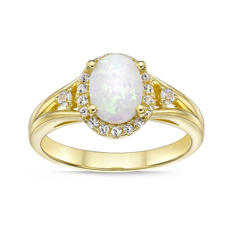 Oval Lab-Created Opal and White Sapphire Frame Side Accent Split Shank Ring in Sterling Silver with Solid 18K Gold Plate