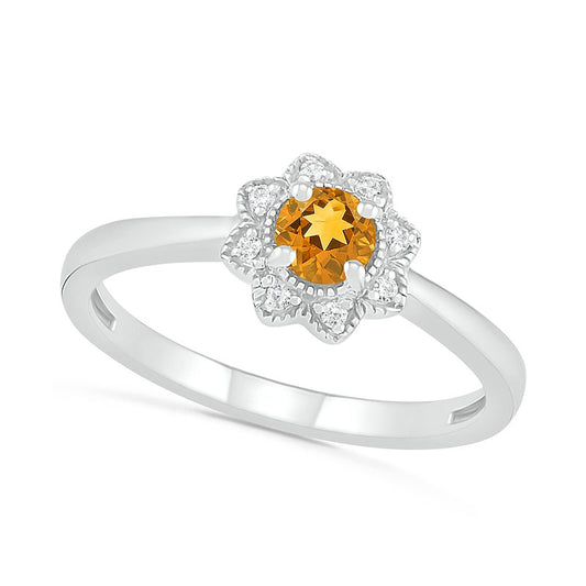 4.0mm Citrine and 0.05 CT. T.W. Natural Diamond Antique Vintage-Style Flower Ring in Sterling Silver