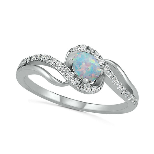 Oval Lab-Created Opal and White Sapphire Bypass Frame Rolling Wave Ring in Sterling Silver