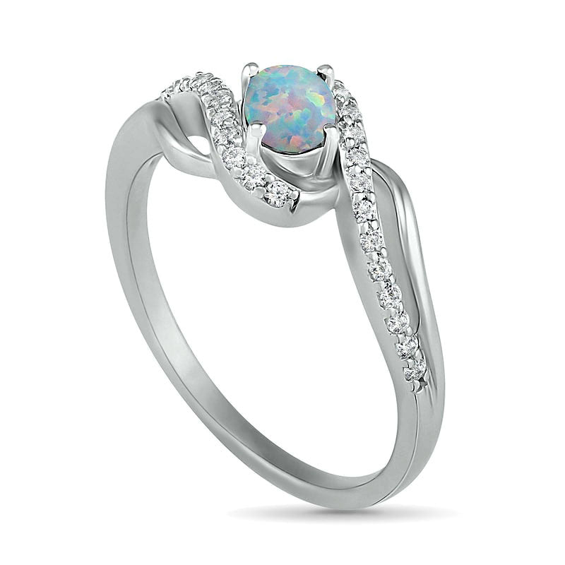 Oval Lab-Created Opal and White Sapphire Bypass Frame Rolling Wave Ring in Sterling Silver