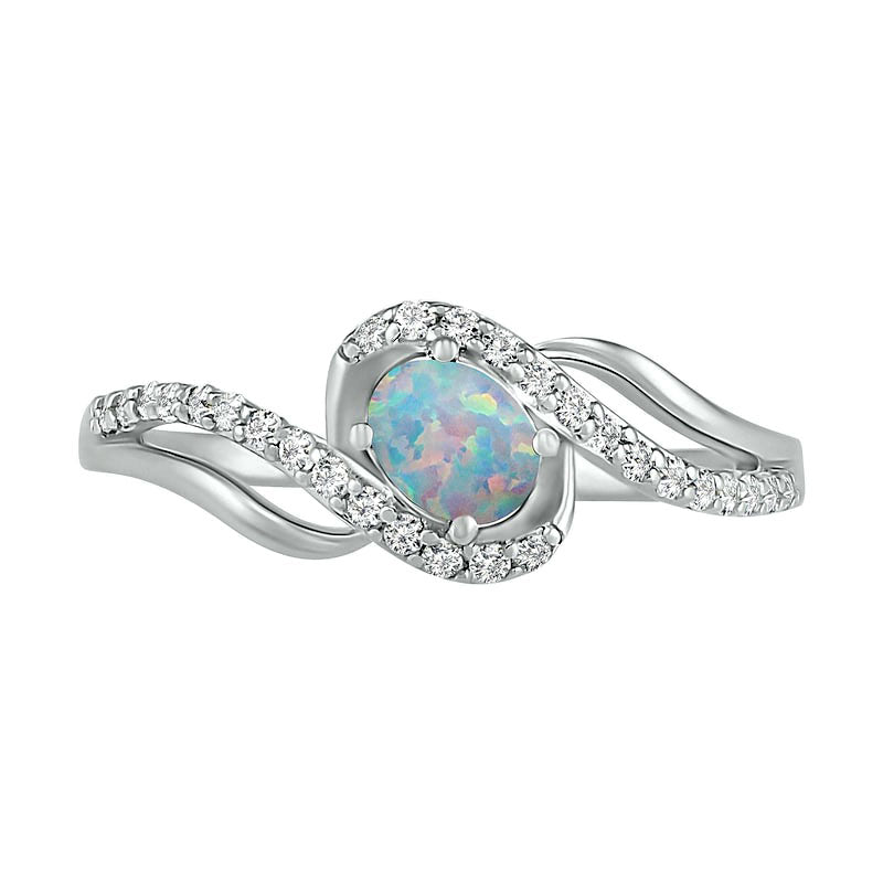 Oval Lab-Created Opal and White Sapphire Bypass Frame Rolling Wave Ring in Sterling Silver