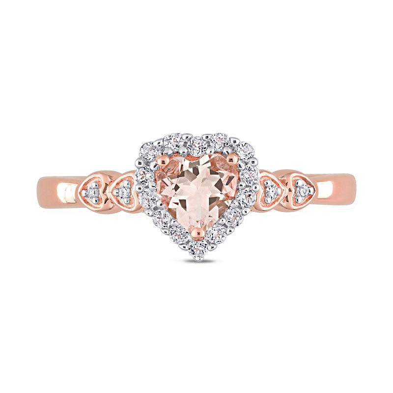 5.0mm Heart-Shaped Morganite, White Topaz and Natural Diamond Accent Frame Heart-Sides Ring in Sterling Silver with Rose Rhodium