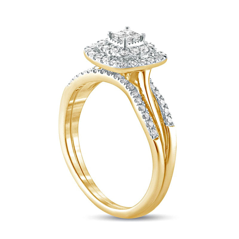 0.38 CT. T.W. Princess-Cut Quad Natural Diamond Cushion Frame Bridal Engagement Ring Set in Solid 10K Yellow Gold