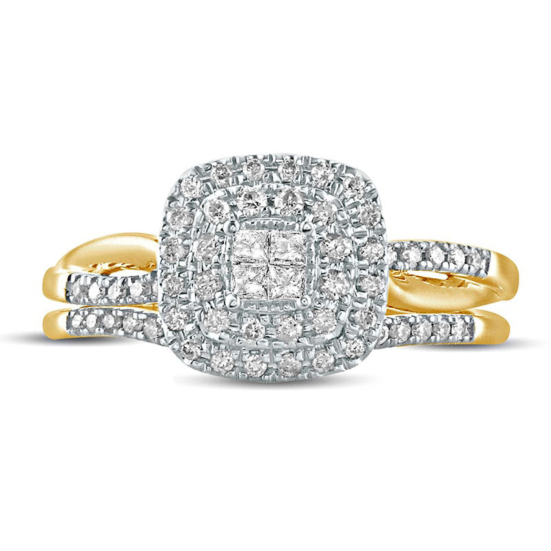 0.38 CT. T.W. Princess-Cut Quad Natural Diamond Cushion Frame Bridal Engagement Ring Set in Solid 10K Yellow Gold