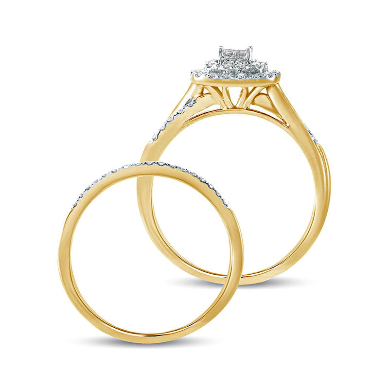 0.38 CT. T.W. Princess-Cut Quad Natural Diamond Cushion Frame Bridal Engagement Ring Set in Solid 10K Yellow Gold