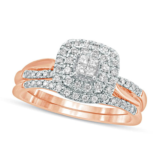 0.38 CT. T.W. Quad Princess-Cut Natural Diamond Double Cushion Frame Twist Shank Bridal Engagement Ring Set in Solid 10K Rose Gold