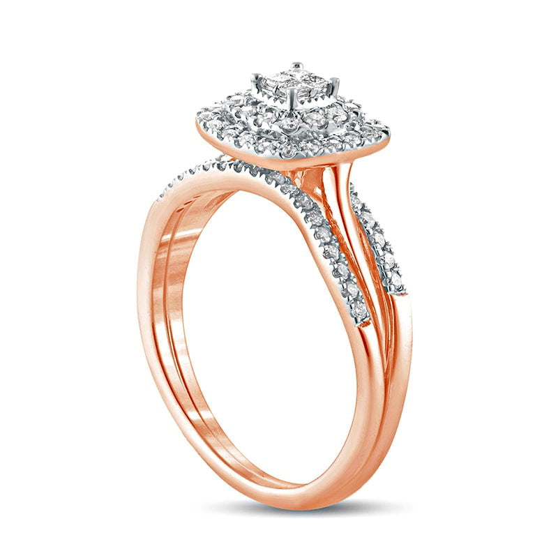 0.38 CT. T.W. Quad Princess-Cut Natural Diamond Double Cushion Frame Twist Shank Bridal Engagement Ring Set in Solid 10K Rose Gold