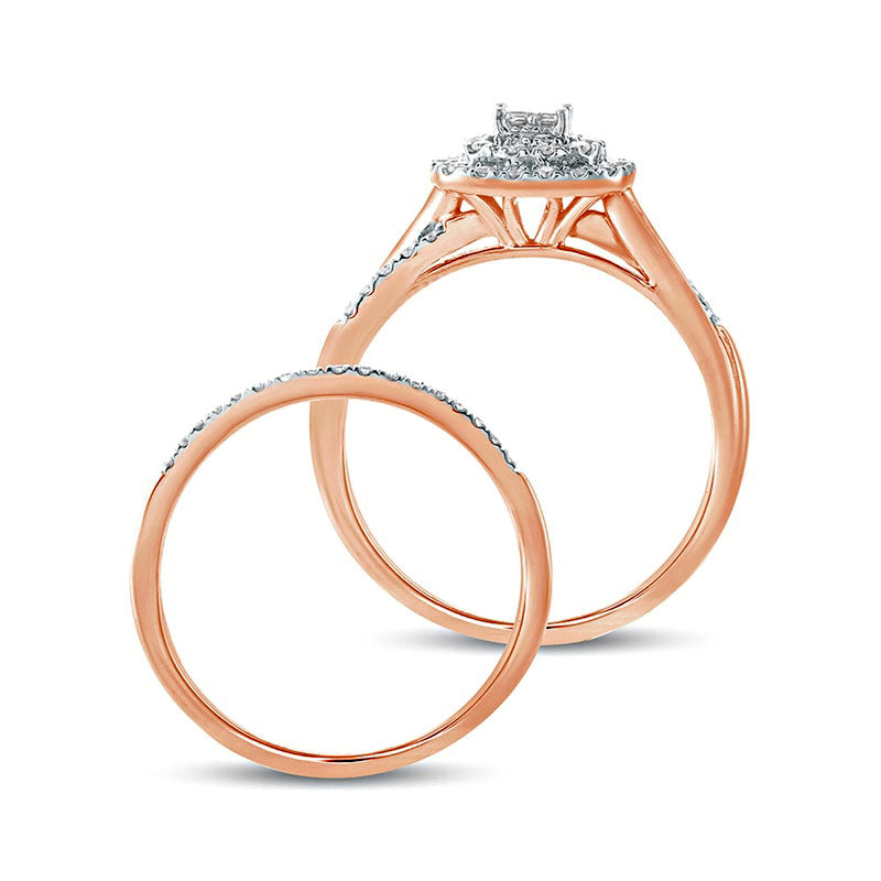 0.38 CT. T.W. Quad Princess-Cut Natural Diamond Double Cushion Frame Twist Shank Bridal Engagement Ring Set in Solid 10K Rose Gold