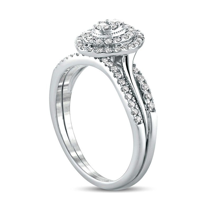 0.38 CT. T.W. Composite Natural Diamond Oval Double Frame Twist Shank Bridal Engagement Ring Set in Solid 10K White Gold