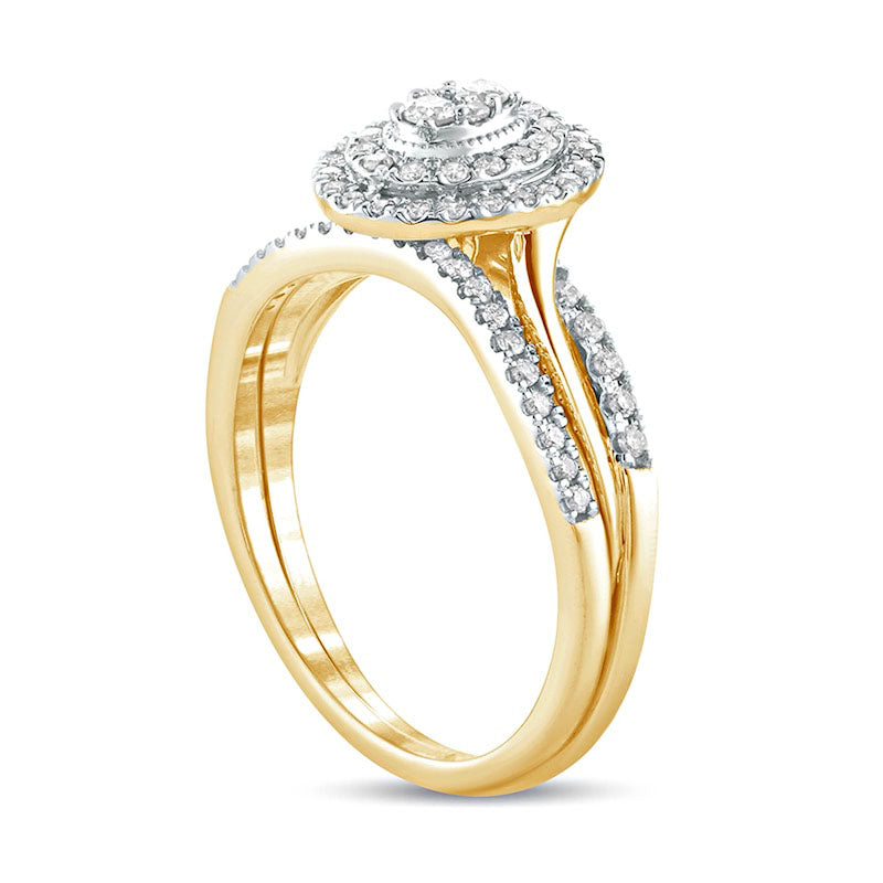 0.38 CT. T.W. Composite Natural Diamond Oval Double Frame Twist Shank Bridal Engagement Ring Set in Solid 10K Yellow Gold