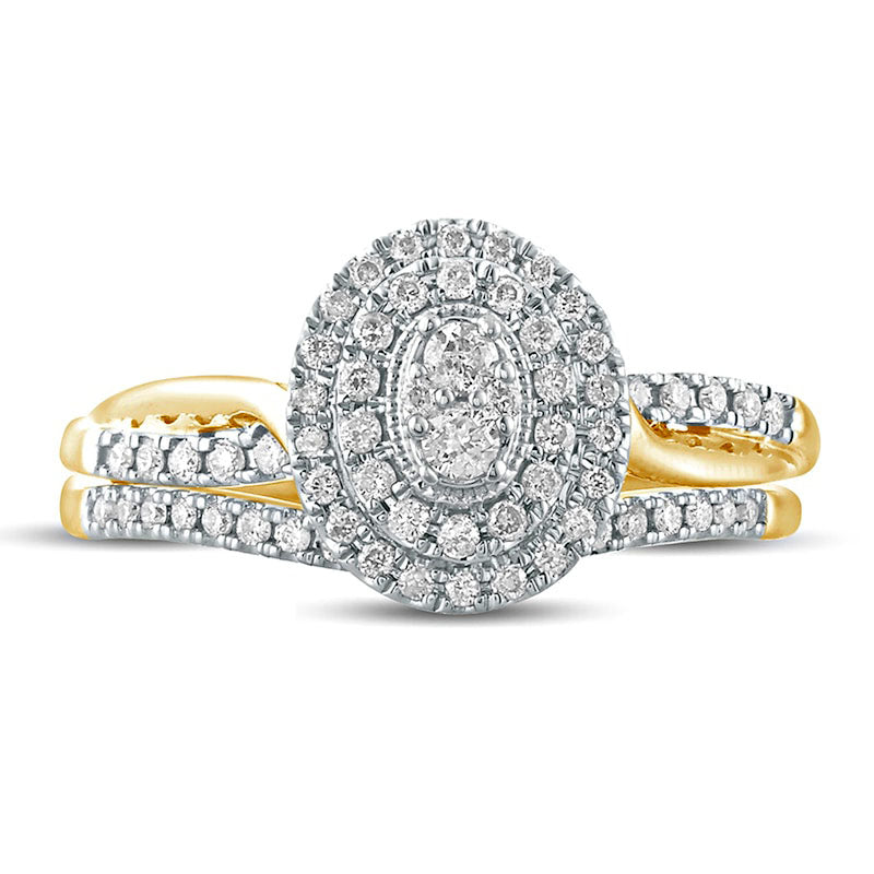 0.38 CT. T.W. Composite Natural Diamond Oval Double Frame Twist Shank Bridal Engagement Ring Set in Solid 10K Yellow Gold