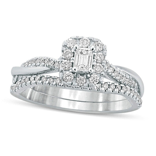 0.50 CT. T.W. Emerald-Cut Natural Diamond Frame Twist Shank Bridal Engagement Ring Set in Solid 10K White Gold