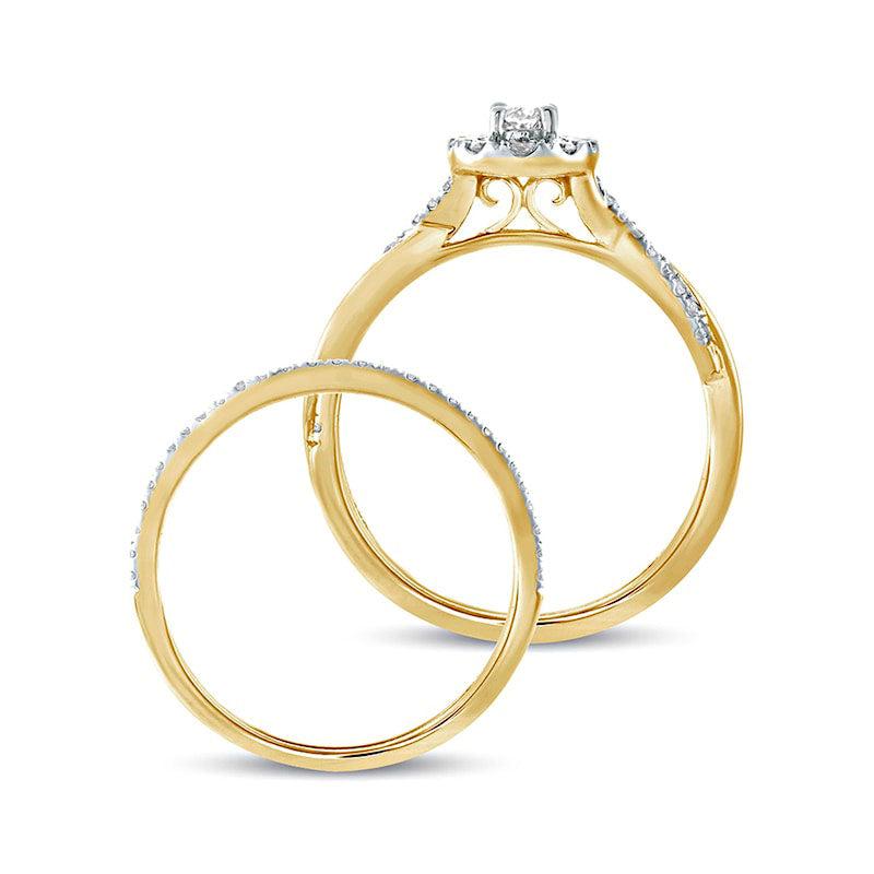 0.50 CT. T.W. Oval Natural Diamond Frame Twist Shank Bridal Engagement Ring Set in Solid 10K Yellow Gold