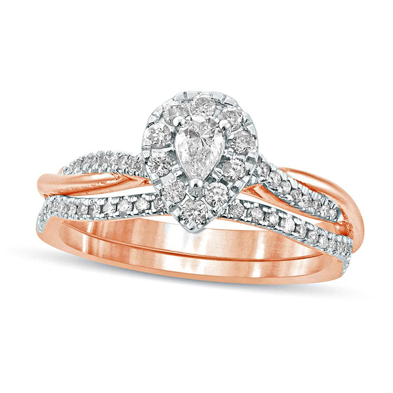 0.50 CT. T.W. Pear-Shaped Natural Diamond Frame Twist Shank Bridal Engagement Ring Set in Solid 10K Rose Gold