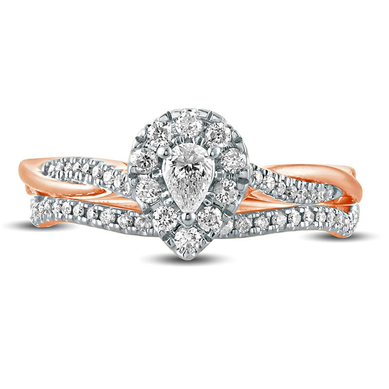 0.50 CT. T.W. Pear-Shaped Natural Diamond Frame Twist Shank Bridal Engagement Ring Set in Solid 10K Rose Gold