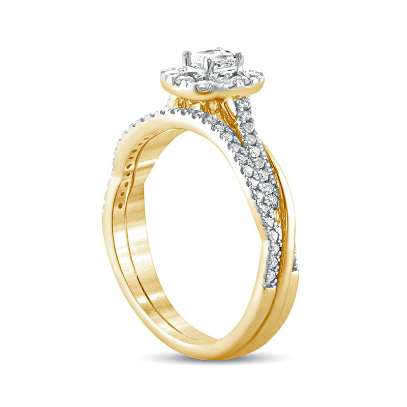 0.50 CT. T.W. Emerald-Cut Natural Diamond Frame Twist Shank Bridal Engagement Ring Set in Solid 10K Yellow Gold