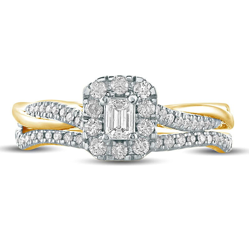 0.50 CT. T.W. Emerald-Cut Natural Diamond Frame Twist Shank Bridal Engagement Ring Set in Solid 10K Yellow Gold