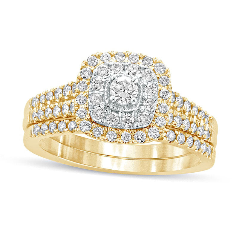 0.63 CT. T.W. Natural Diamond Double Cushion Frame Multi-Row Bridal Engagement Ring Set in Solid 10K Yellow Gold