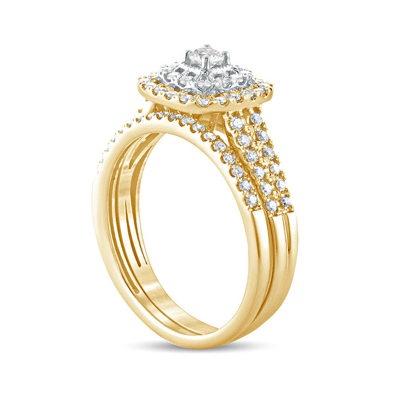 0.63 CT. T.W. Natural Diamond Double Cushion Frame Multi-Row Bridal Engagement Ring Set in Solid 10K Yellow Gold