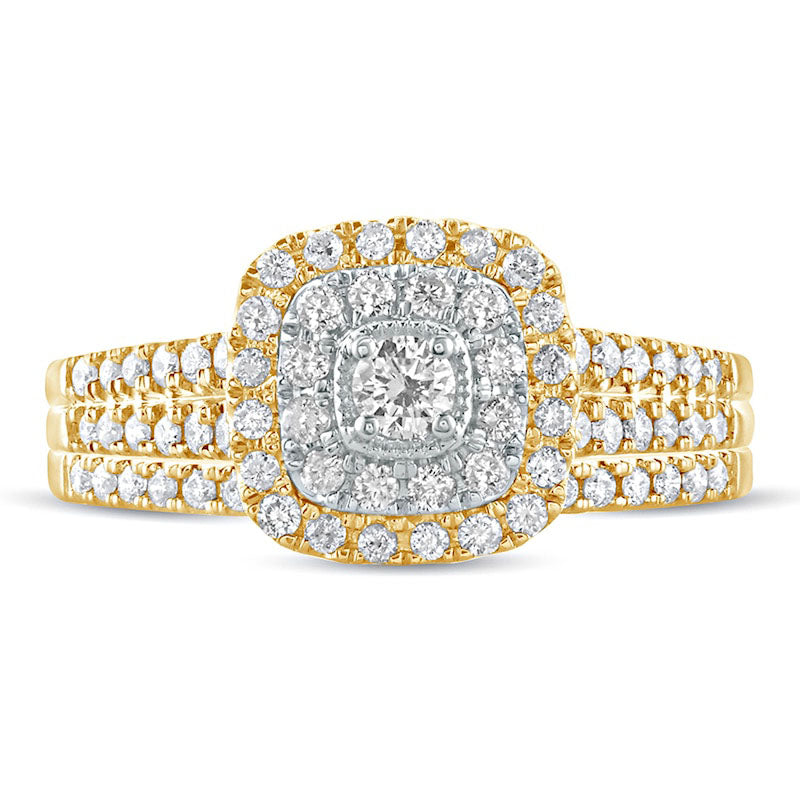 0.63 CT. T.W. Natural Diamond Double Cushion Frame Multi-Row Bridal Engagement Ring Set in Solid 10K Yellow Gold