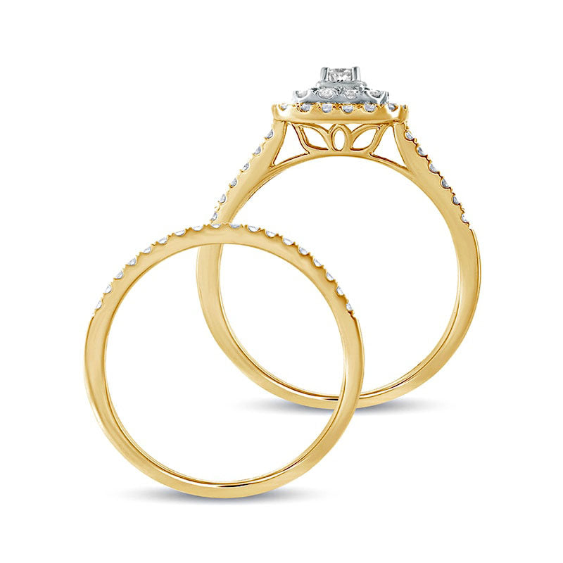 0.63 CT. T.W. Natural Diamond Double Cushion Frame Multi-Row Bridal Engagement Ring Set in Solid 10K Yellow Gold