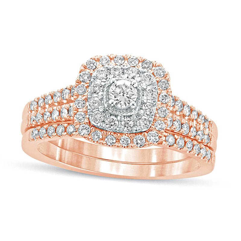 0.63 CT. T.W. Natural Diamond Double Cushion Frame Multi-Row Bridal Engagement Ring Set in Solid 10K Rose Gold