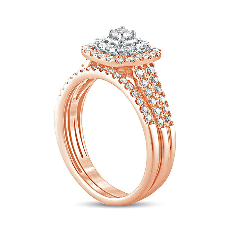 0.63 CT. T.W. Natural Diamond Double Cushion Frame Multi-Row Bridal Engagement Ring Set in Solid 10K Rose Gold