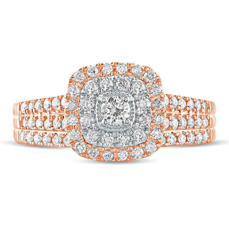 0.63 CT. T.W. Natural Diamond Double Cushion Frame Multi-Row Bridal Engagement Ring Set in Solid 10K Rose Gold