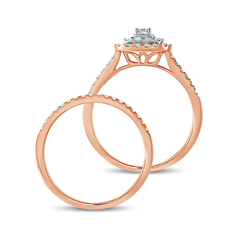 0.63 CT. T.W. Natural Diamond Double Cushion Frame Multi-Row Bridal Engagement Ring Set in Solid 10K Rose Gold